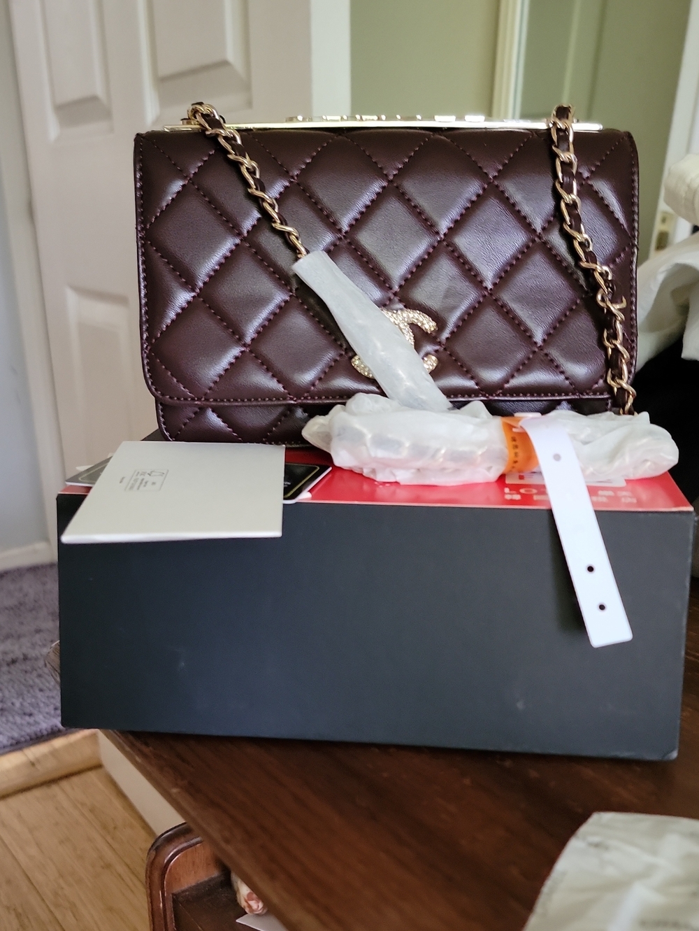 Inspired Quilted Chain Shoulder Bag - Deep Burgundy
